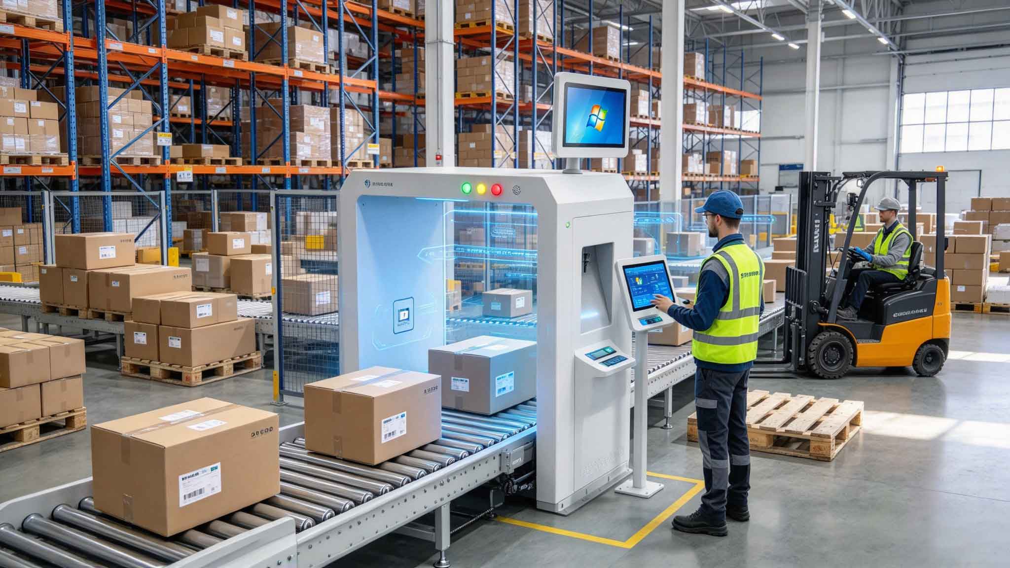 RFID tagged packages moving through logistics tracking system