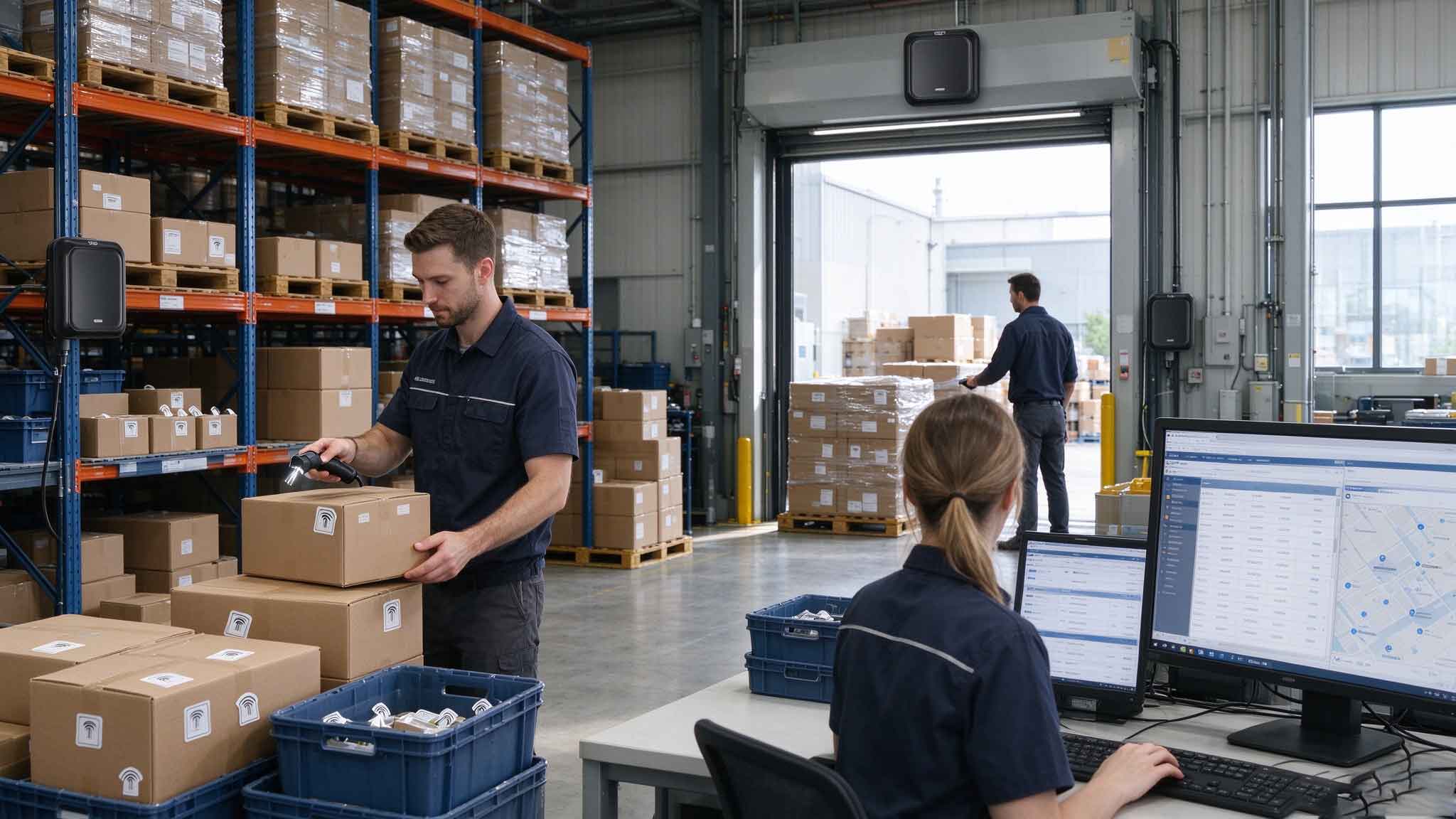 RFID tagged products tracked by readers in a European warehouse