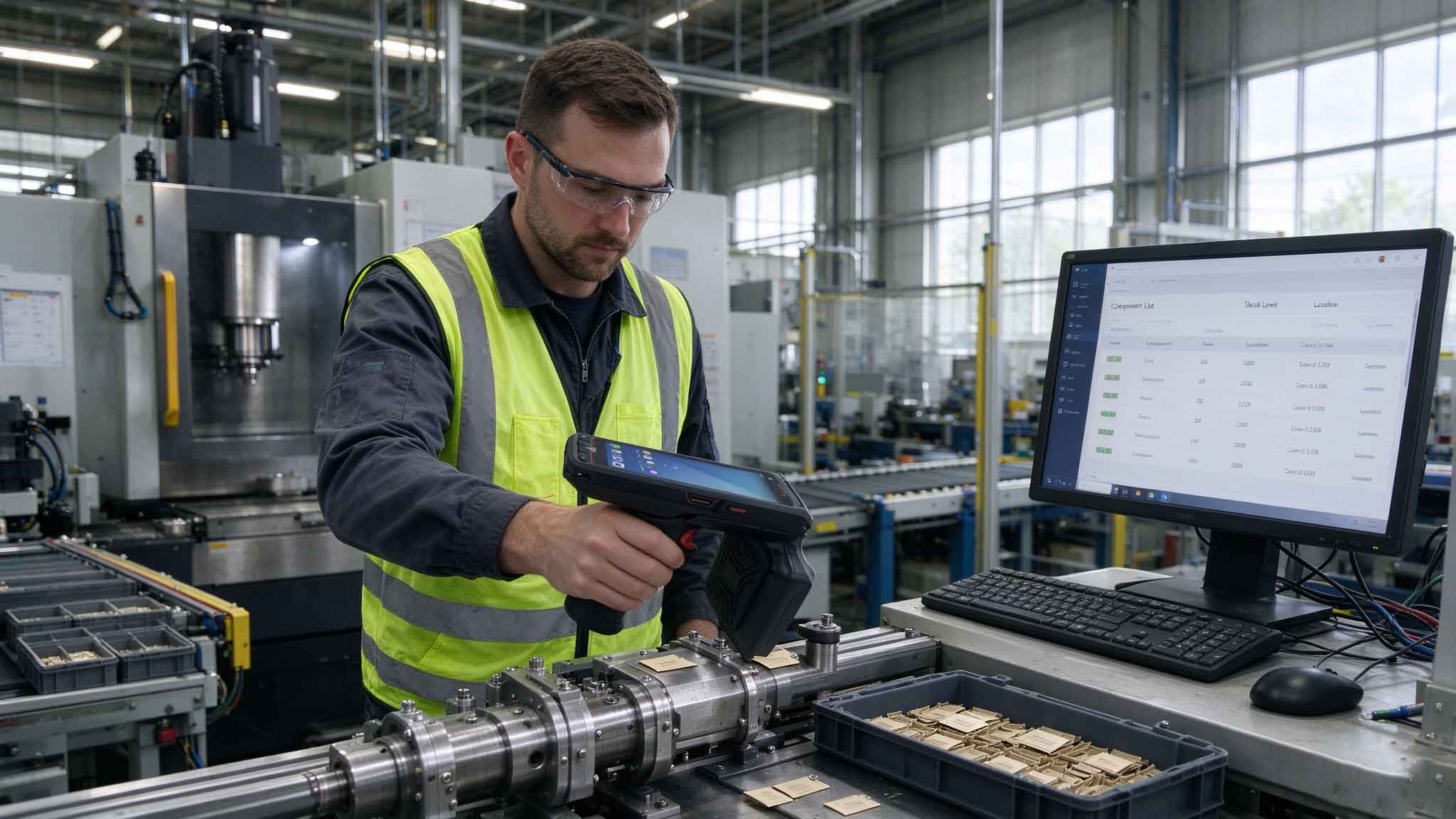 Factory worker using RFID technology to identify tagged components during manufacturing