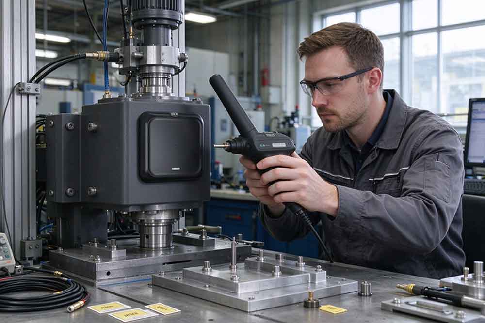 What Is an RFID Transponder? 2 Engineer testing an RFID transponder attached to industrial metal equipment with a UHF RFID reader