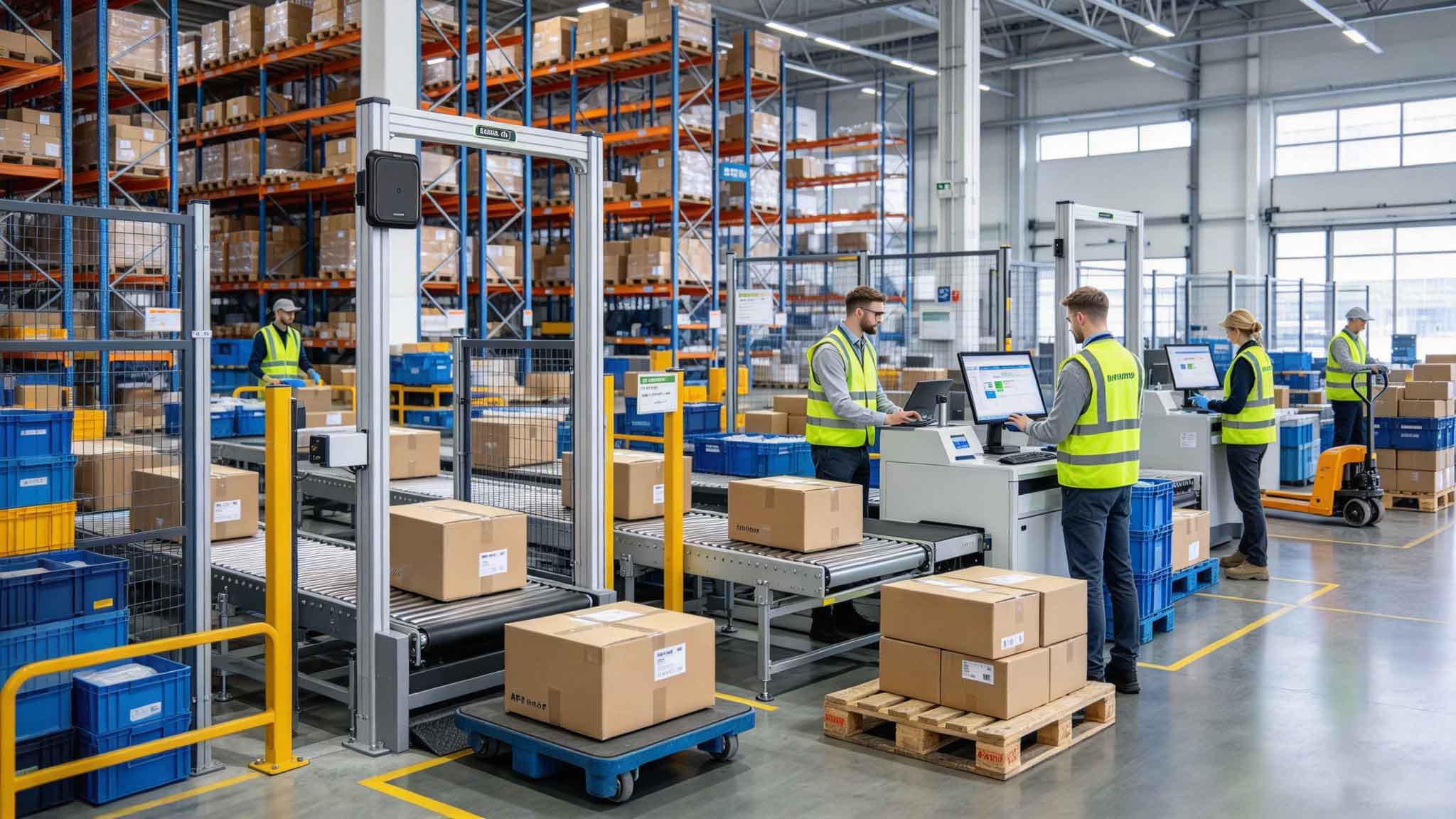 RFID readers identifying tagged packages inside a logistics warehouse