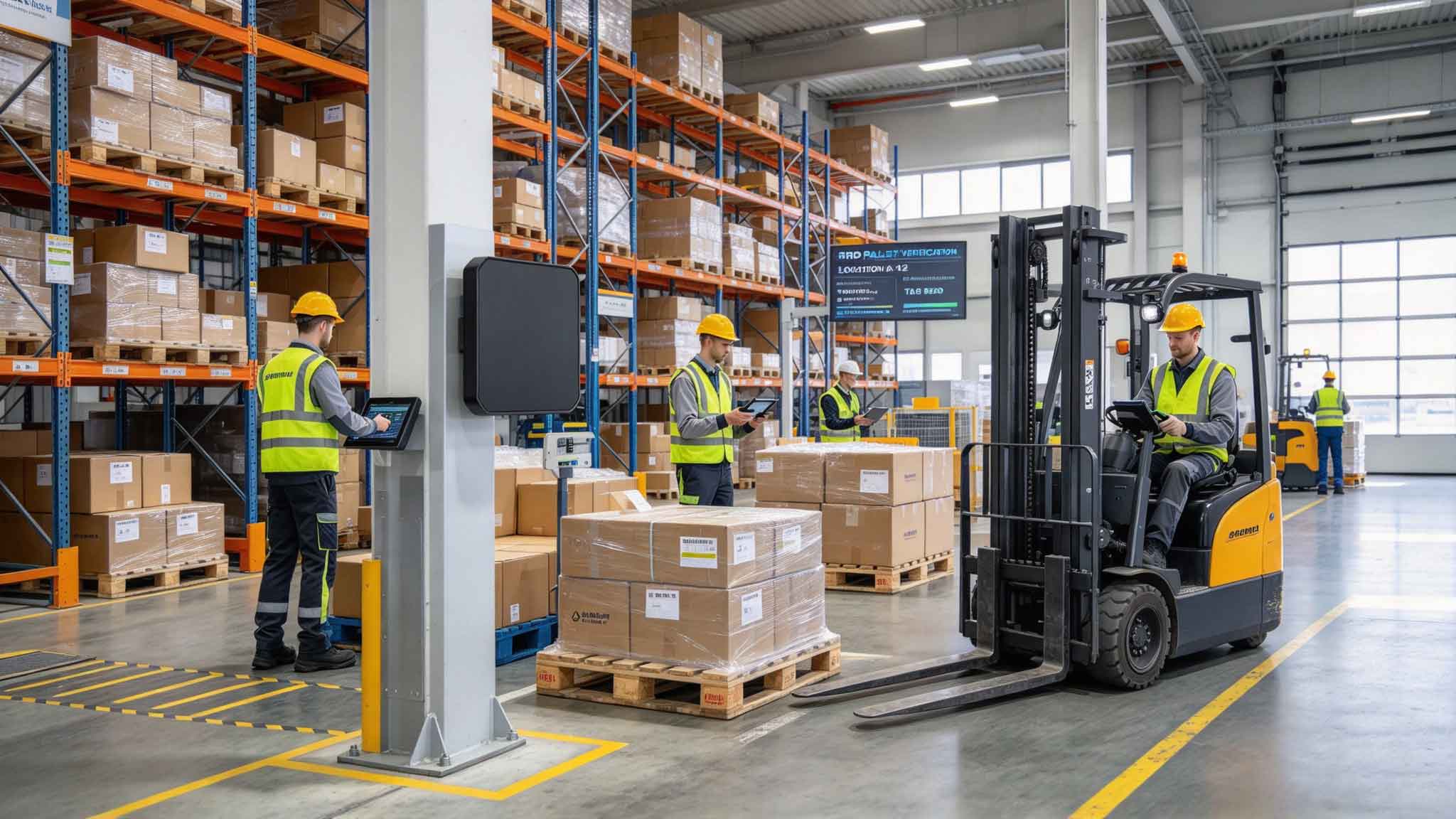 Workers using UHF RFID readers to track pallets in a modern European warehouse