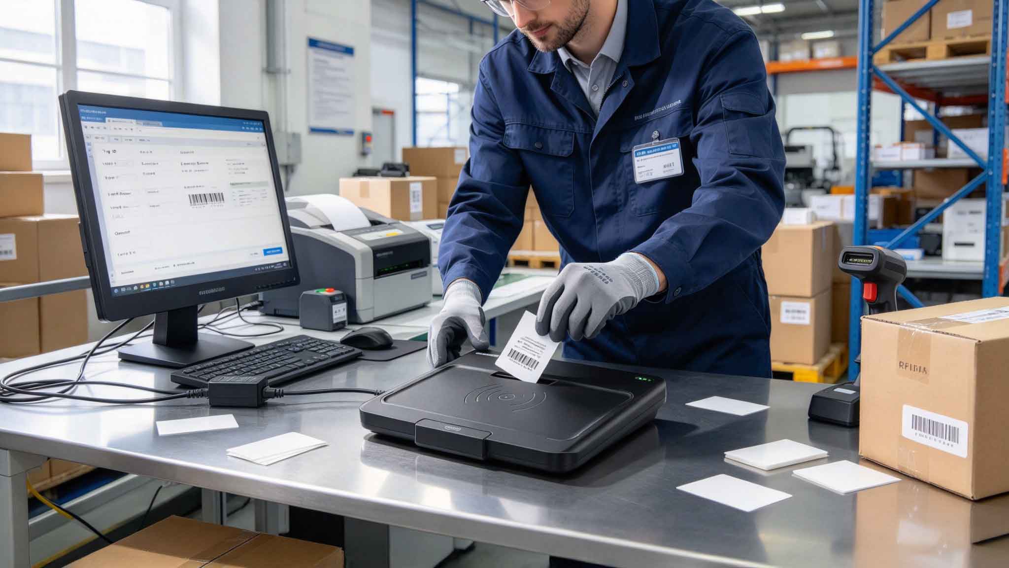 Operator verifying encoded UHF RFID tag data with a desktop RFID writer