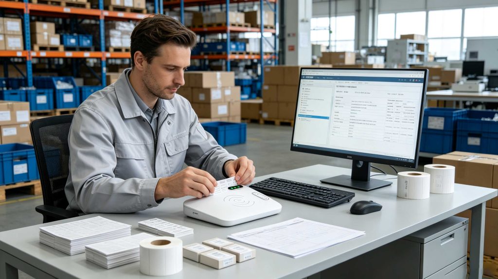 Warehouse operator using RFID desktop reader writer to program and verify RFID tags