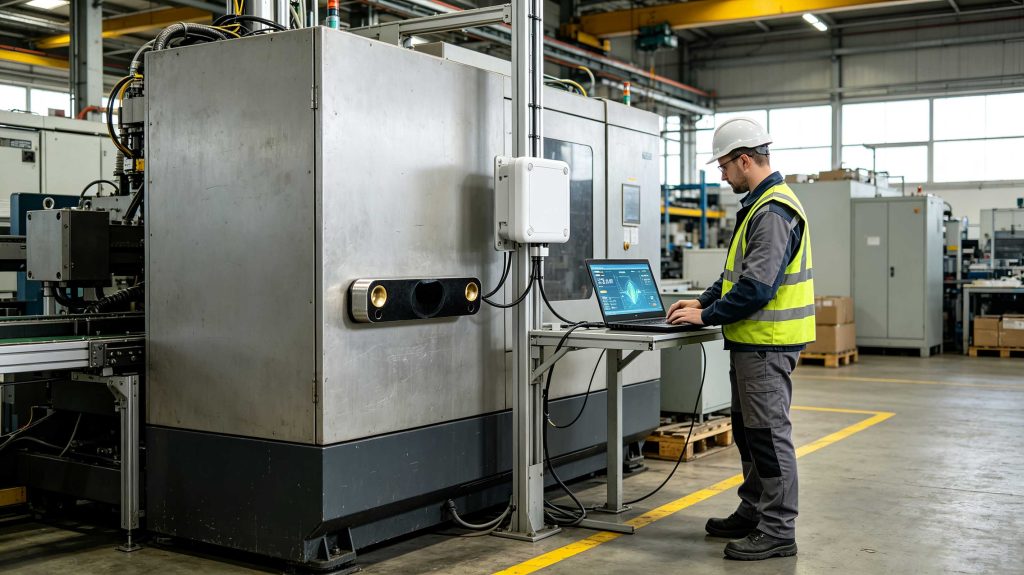 Engineer testing an on-metal RFID tag and UHF antenna on industrial equipment