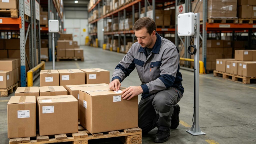 Worker applying a UHF RFID tag to a cardboard carton in a European warehouse