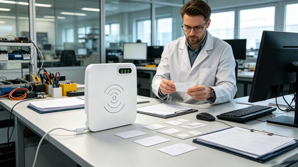 how to use rfid reader writer for RFID Tag Programming 1 Desktop RFID reader writer used for RFID tag programming at a professional workstation