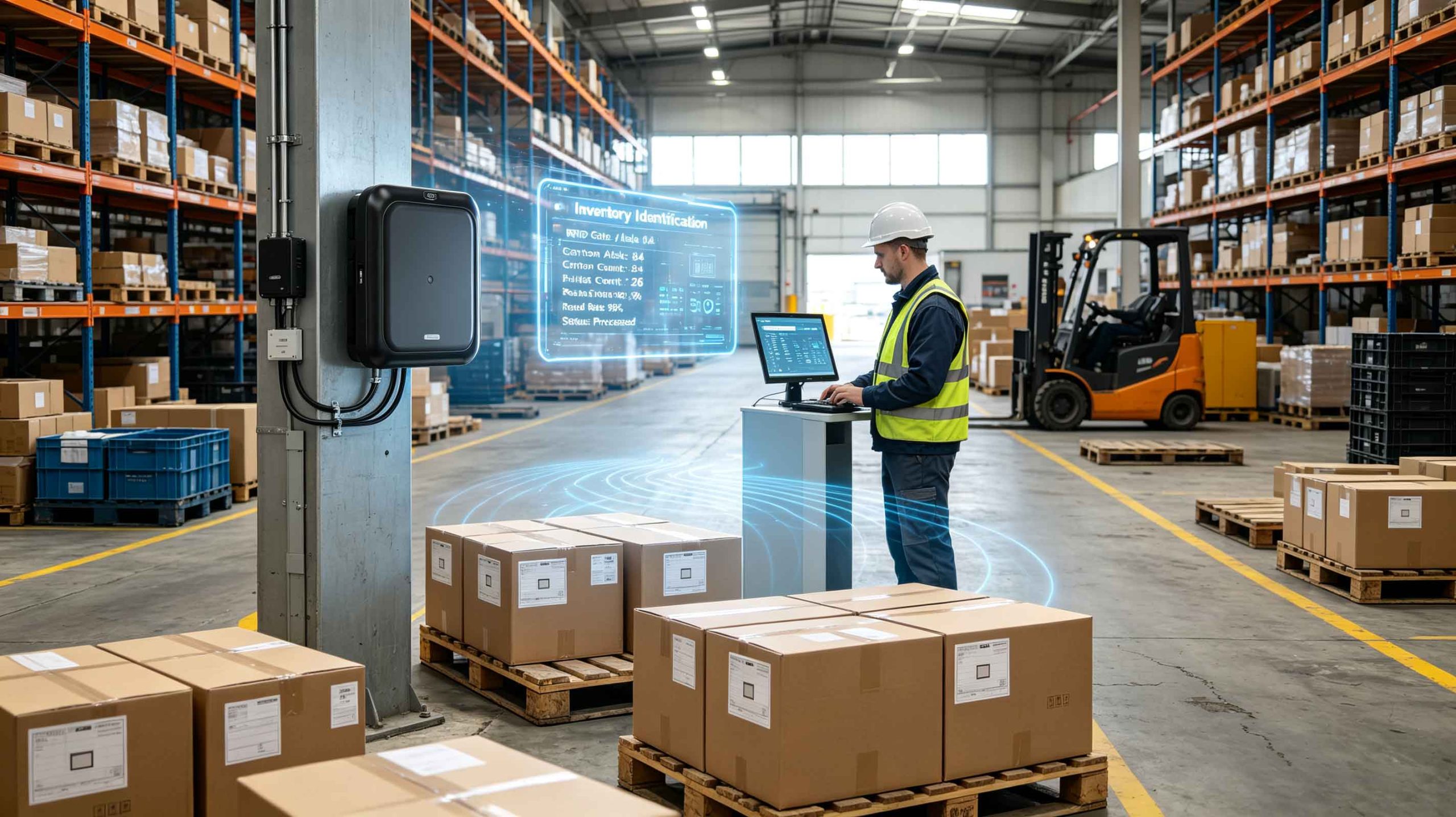 Passive UHF RFID chips identifying cartons and pallets in a European warehouse