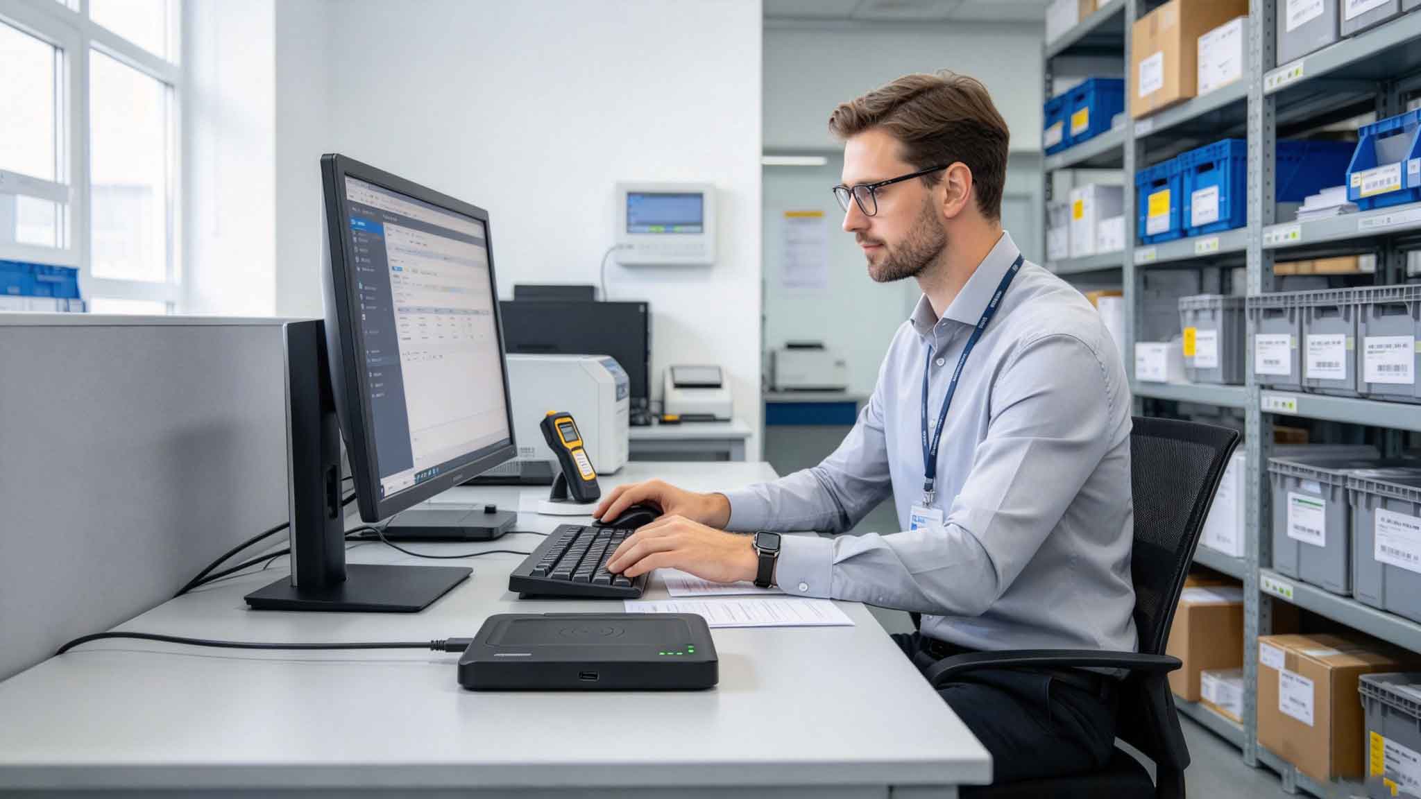 UHF RFID desktop reader registering a tagged item at a professional European workstation