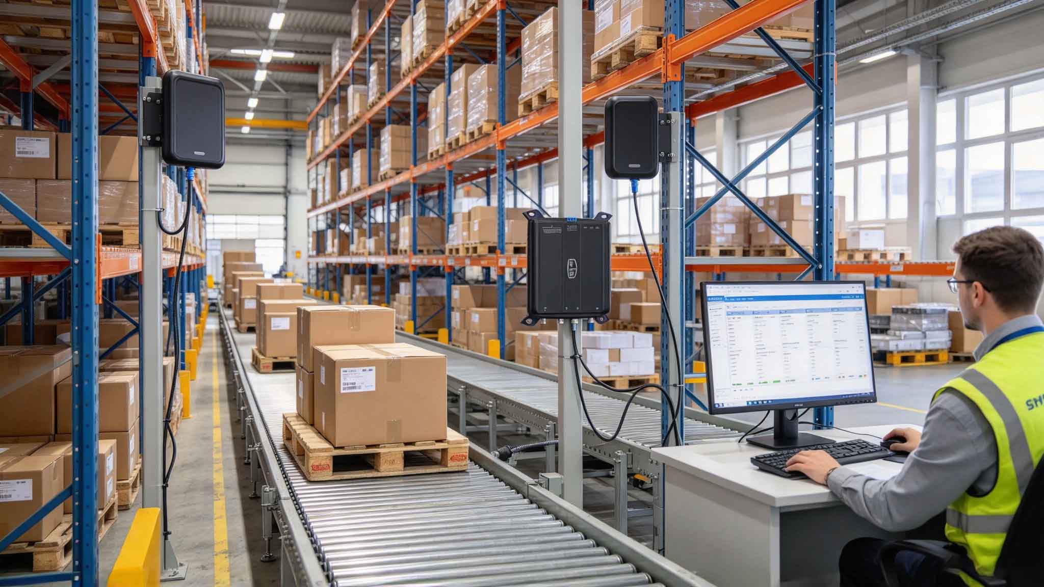 UHF RFID device reading tagged cartons in a European warehouse