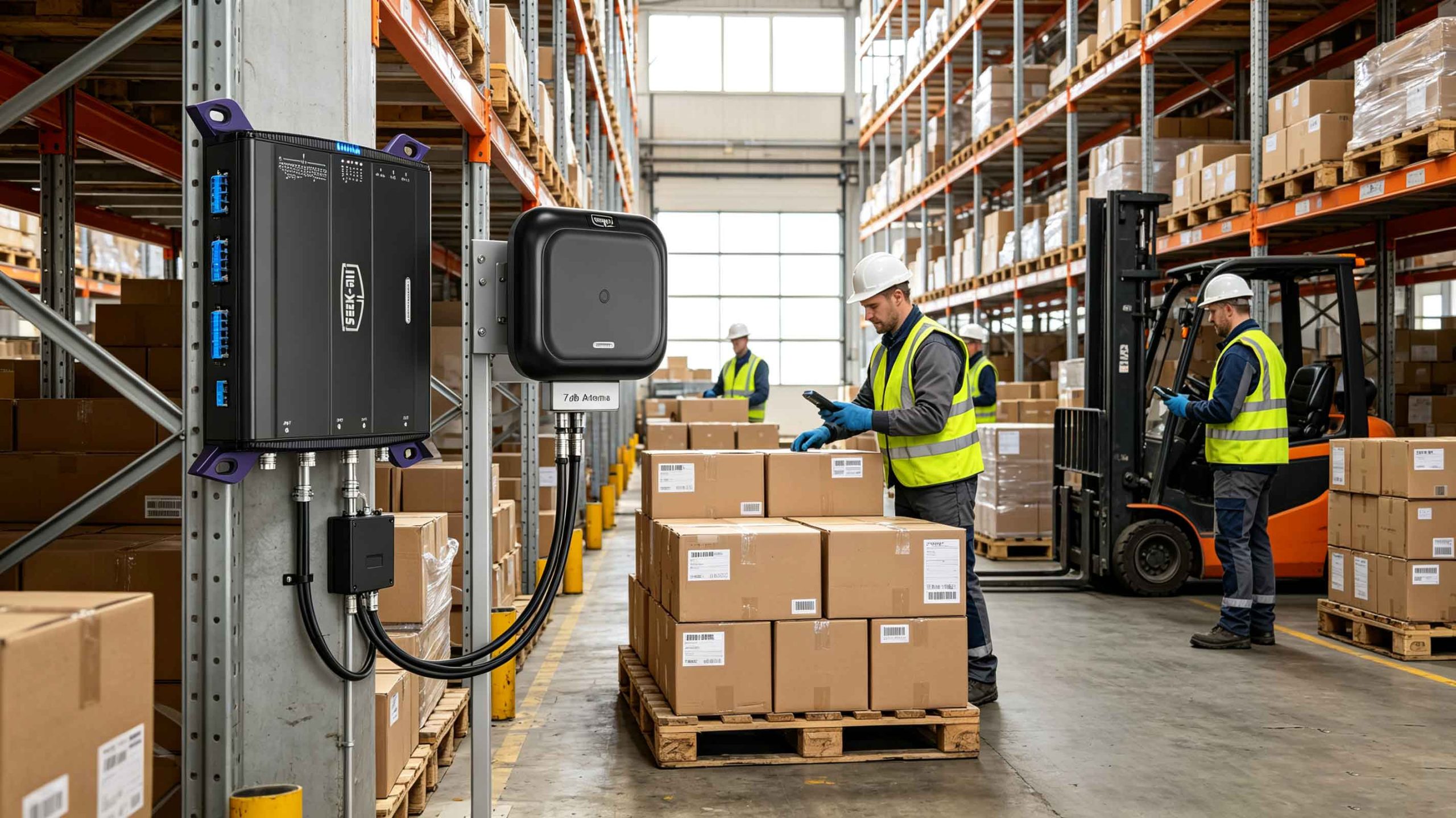 UHF RFID reader identifying tagged cartons during warehouse inventory management