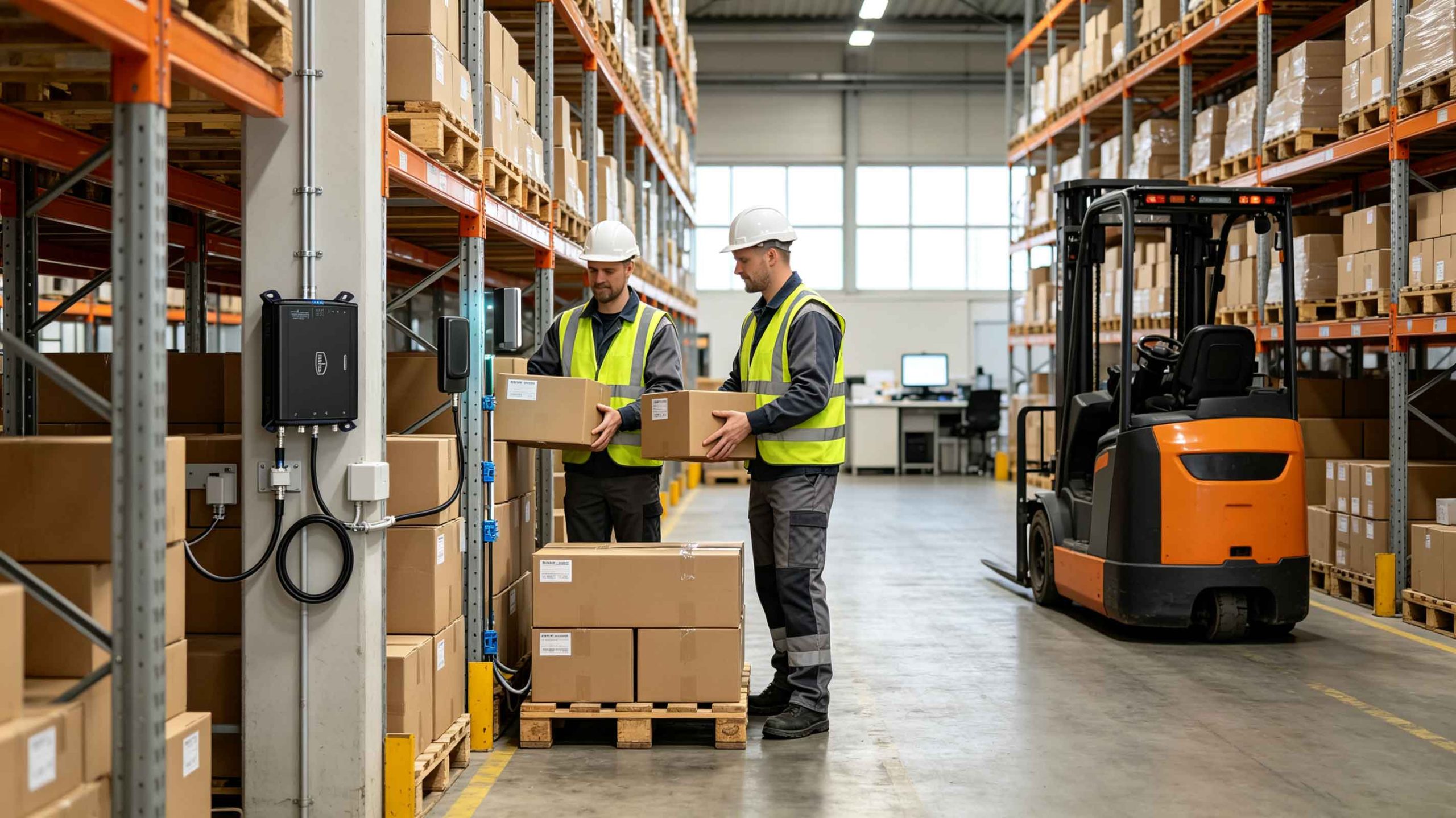 What Are the Advantages of RFID? UHF RFID Benefits for Inventory, Asset Tracking, and Automation 1 UHF RFID reader identifying tagged cartons in a European warehouse aisle