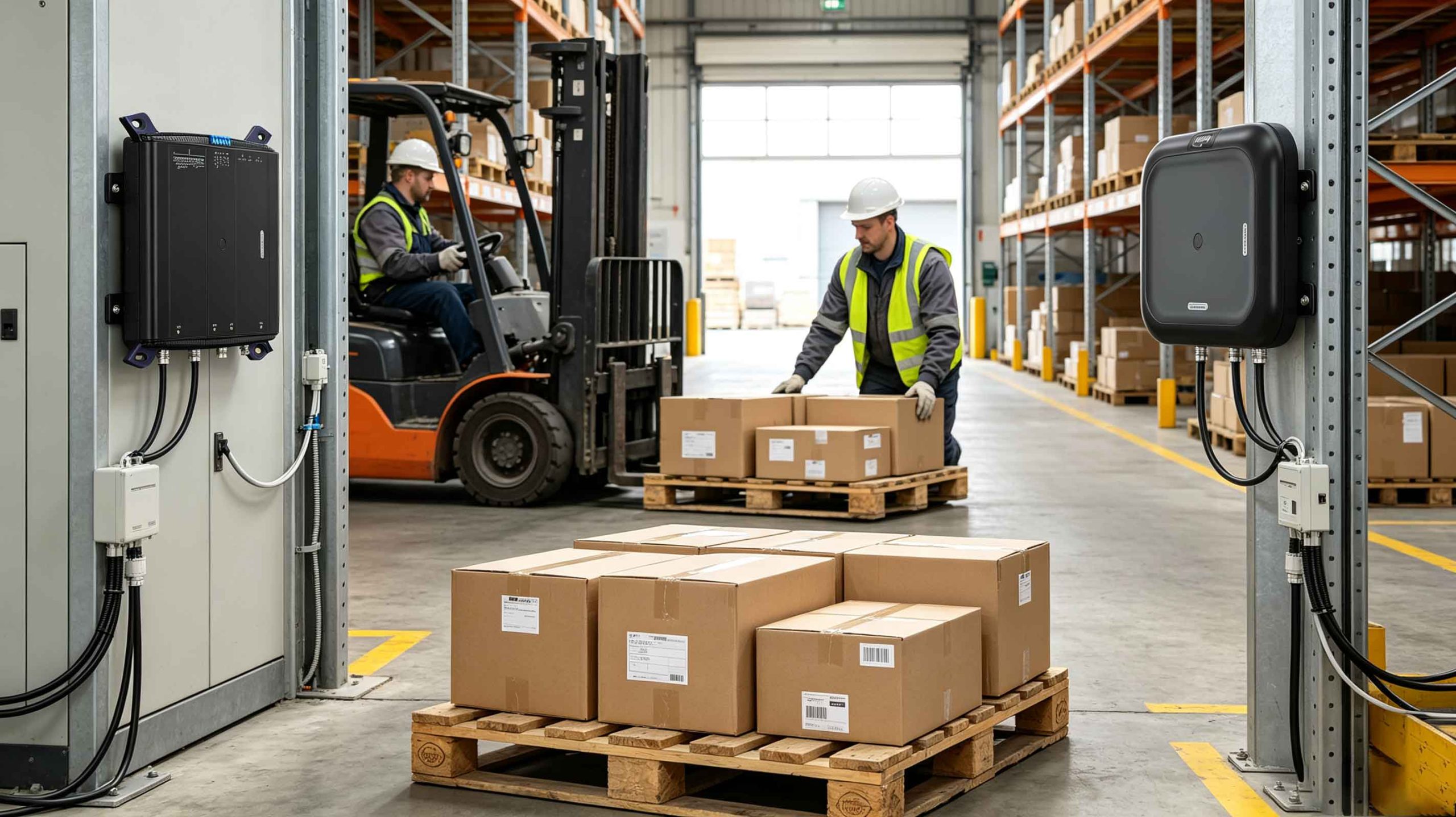 Fixed UHF RFID reader and antennas creating a controlled warehouse reading zone