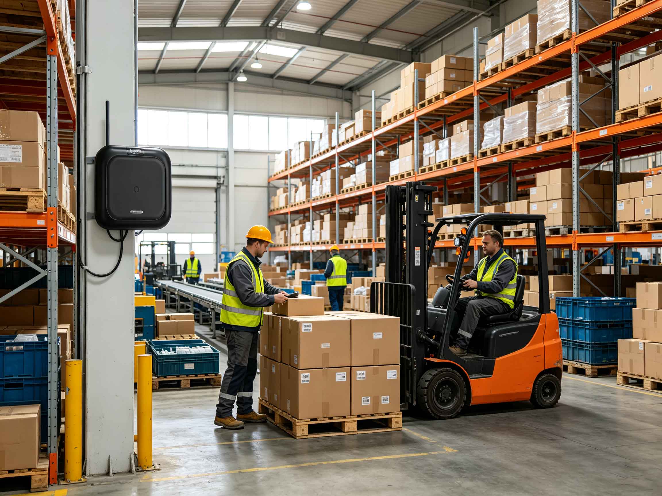 UHF RFID fixed reader automatically identifying tagged products in a European warehouse