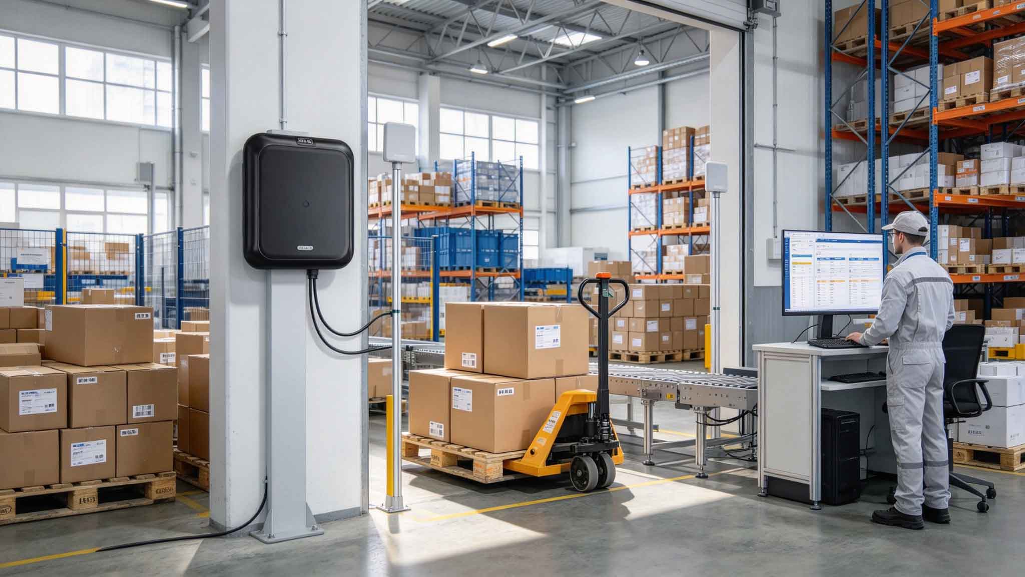 UHF RFID reader identifying tagged cartons in a European warehouse