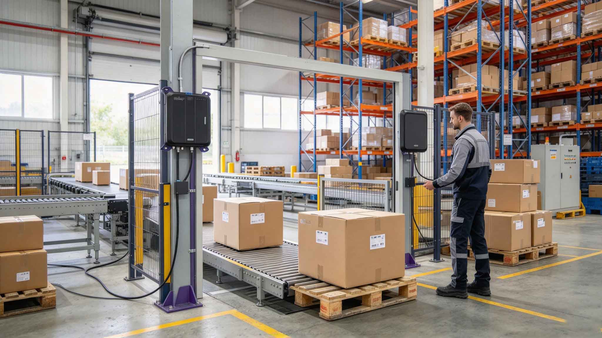 UHF RFID reader and antennas identifying tagged cartons in a European warehouse