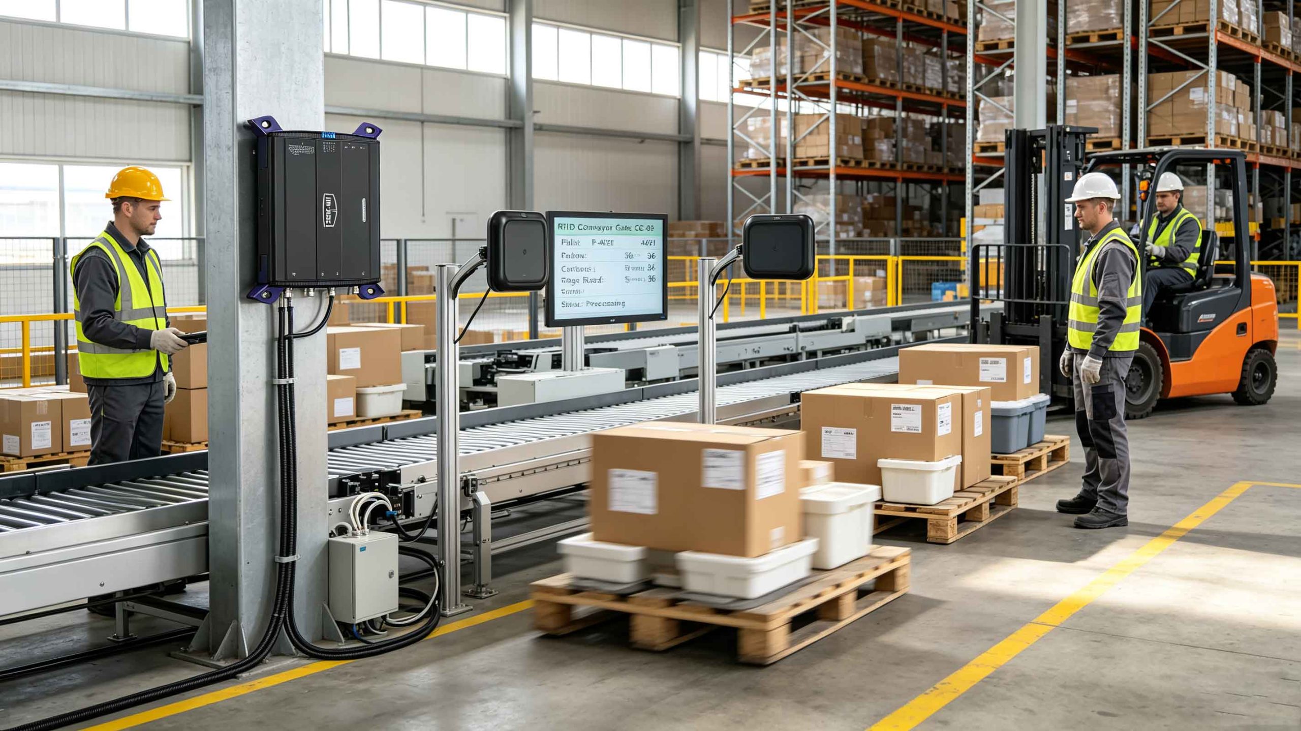 UHF RFID reader and antennas identifying tagged cartons in a European warehouse
