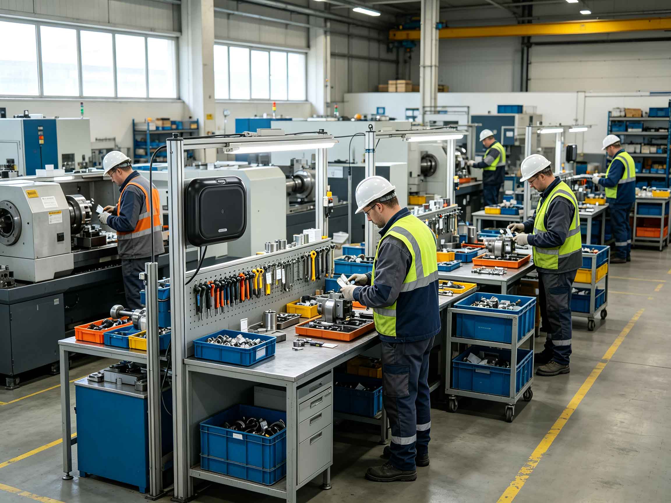 Industrial workers using RFID technology to track tagged tools and components in a European factory