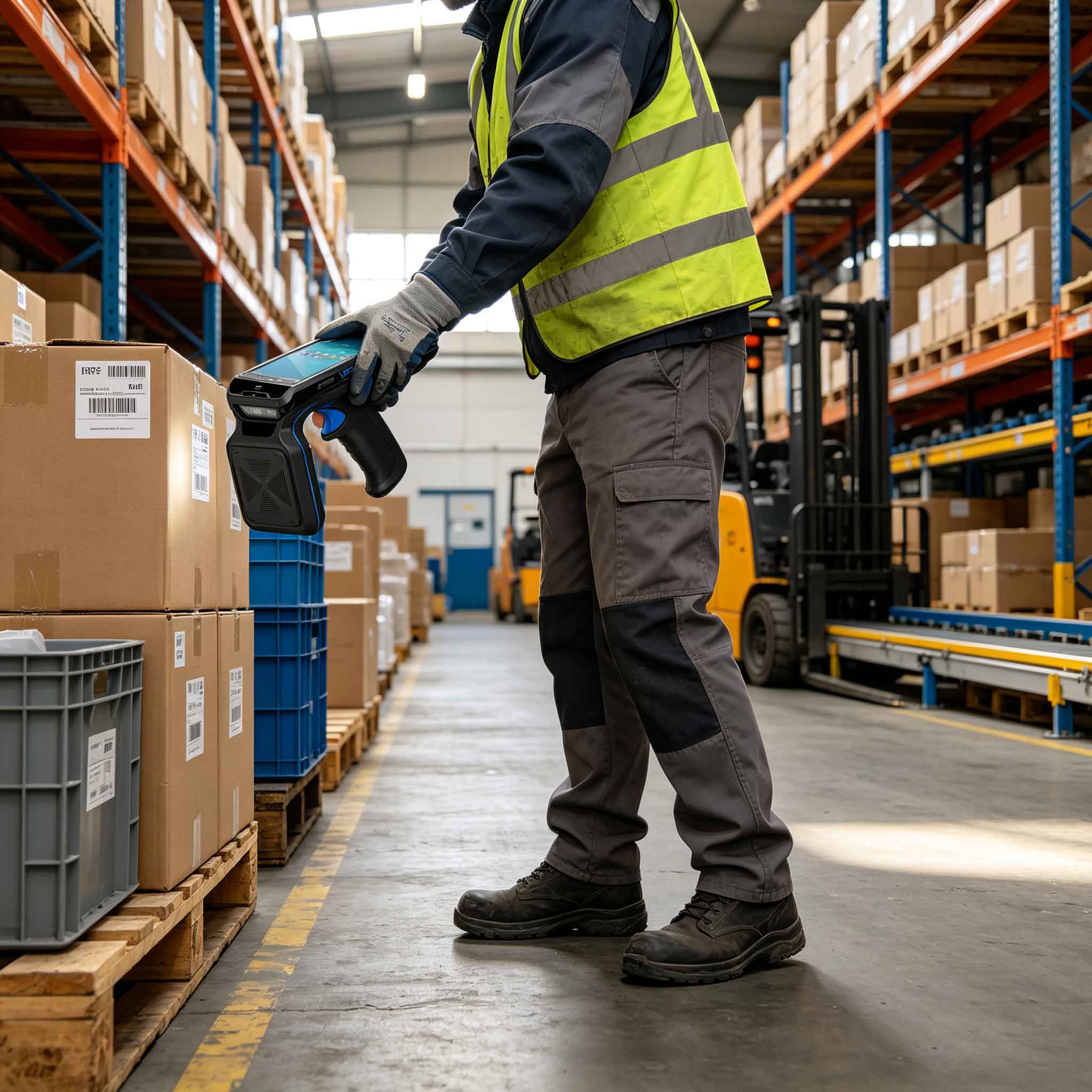 Passive UHF RFID tags attached to cartons in a European warehouse inventory system