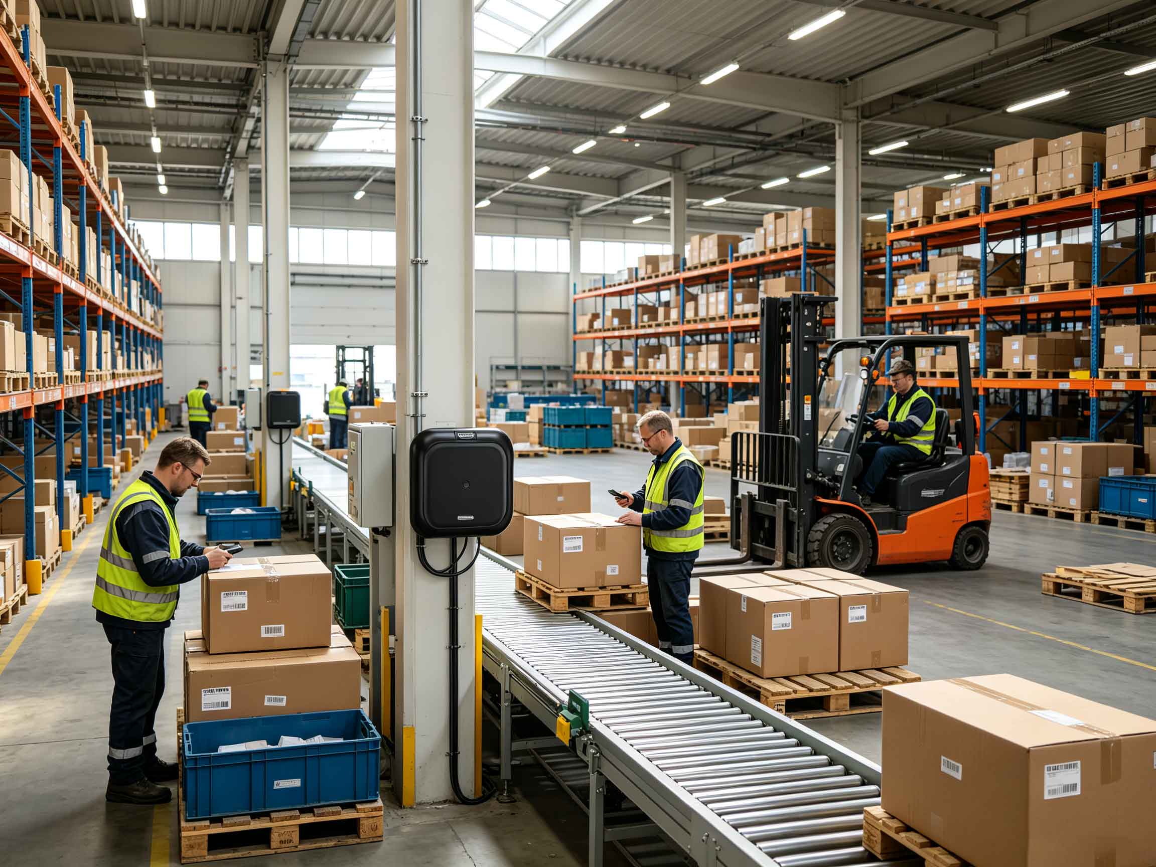 Warehouse workers using UHF RFID technology to track tagged inventory and pallets