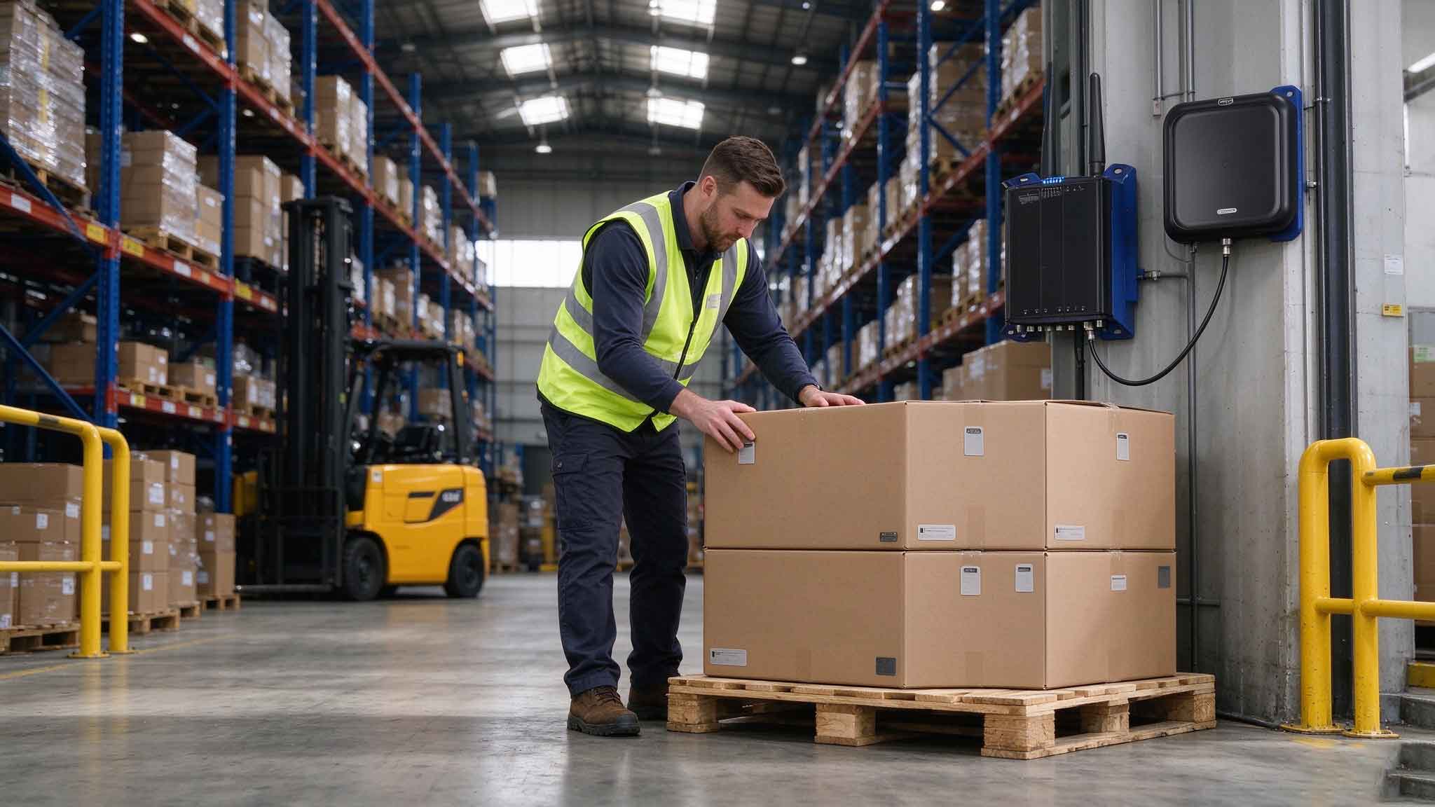 What Is an RFID Transponder? 1 UHF RFID transponder attached to cartons being identified by a fixed RFID reader in a European warehouse