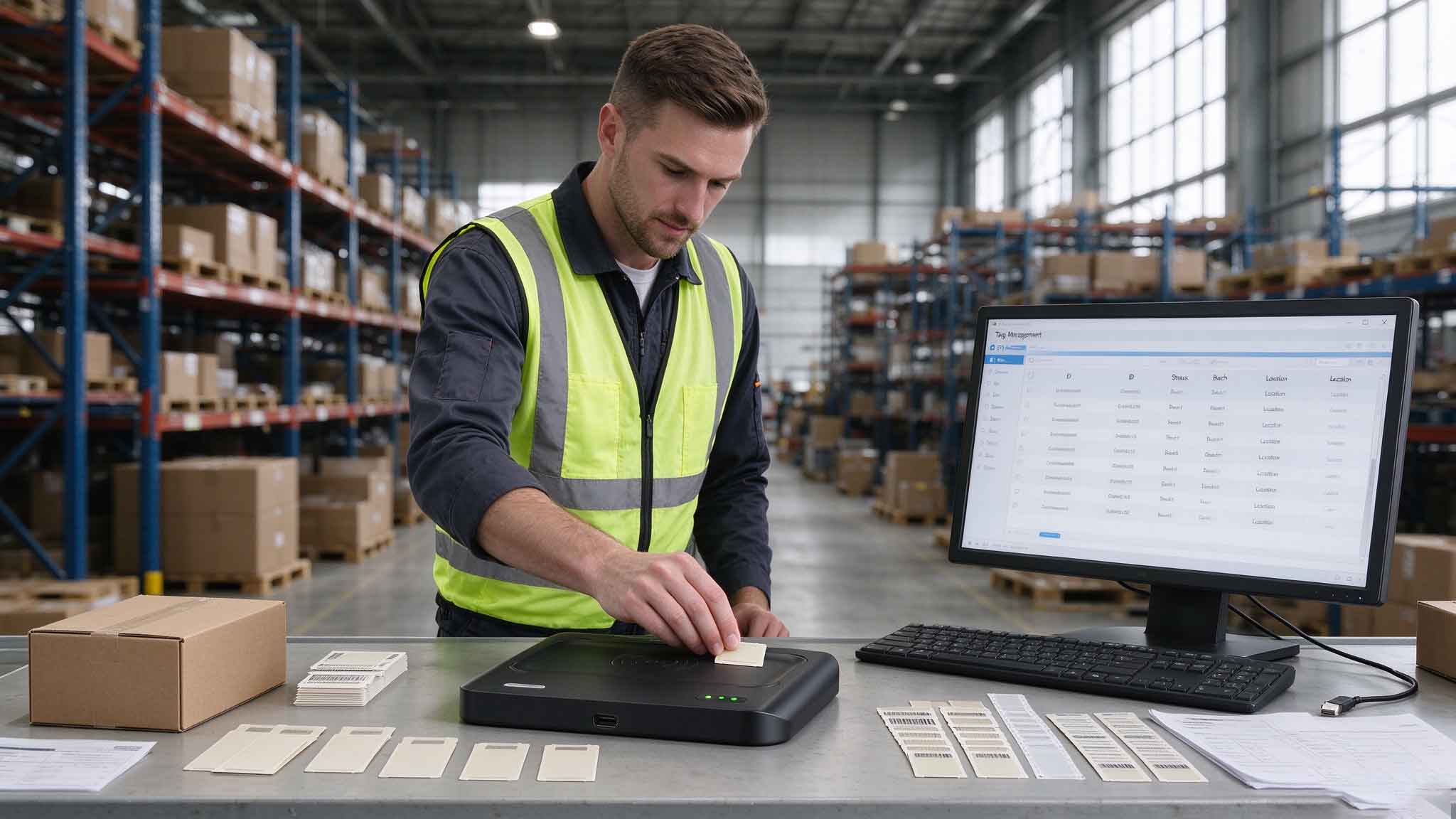 What Is an RFID Writer? 1 Operator using a UHF RFID writer to encode RFID tags at a European warehouse workstation