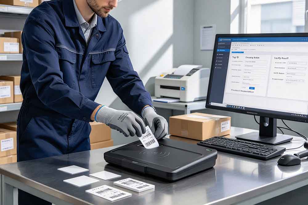 Warehouse operator using a desktop RFID writer to encode UHF RFID labels