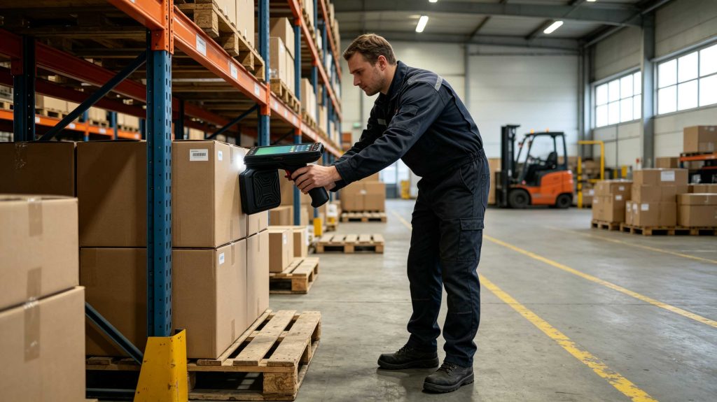 Warehouse worker using a handheld UHF RFID reader to track tagged cartons in a European distribution center