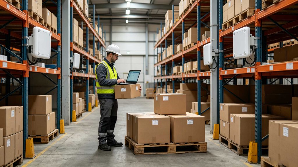 Technician testing an RFID tagged carton with a UHF RFID reader in a European warehouse