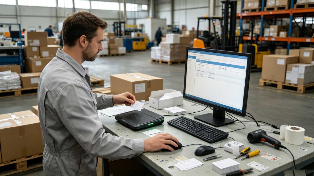 European engineer programming UHF RFID cards with a desktop RFID reader writer