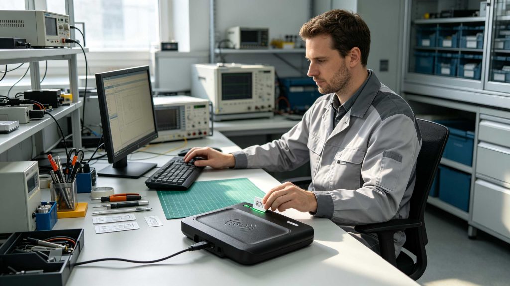 Engineer using desktop RFID writer to program RFID tags in a European technology workspace
