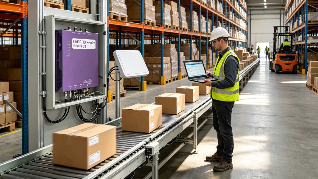 Engineer testing a fixed UHF RFID reader while tagged cartons move through a warehouse reading zone