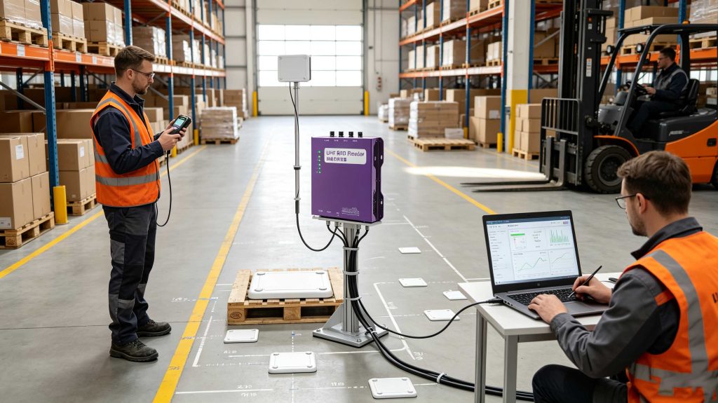 RFID engineer testing UHF RFID antenna positioning and read range beside tagged pallets