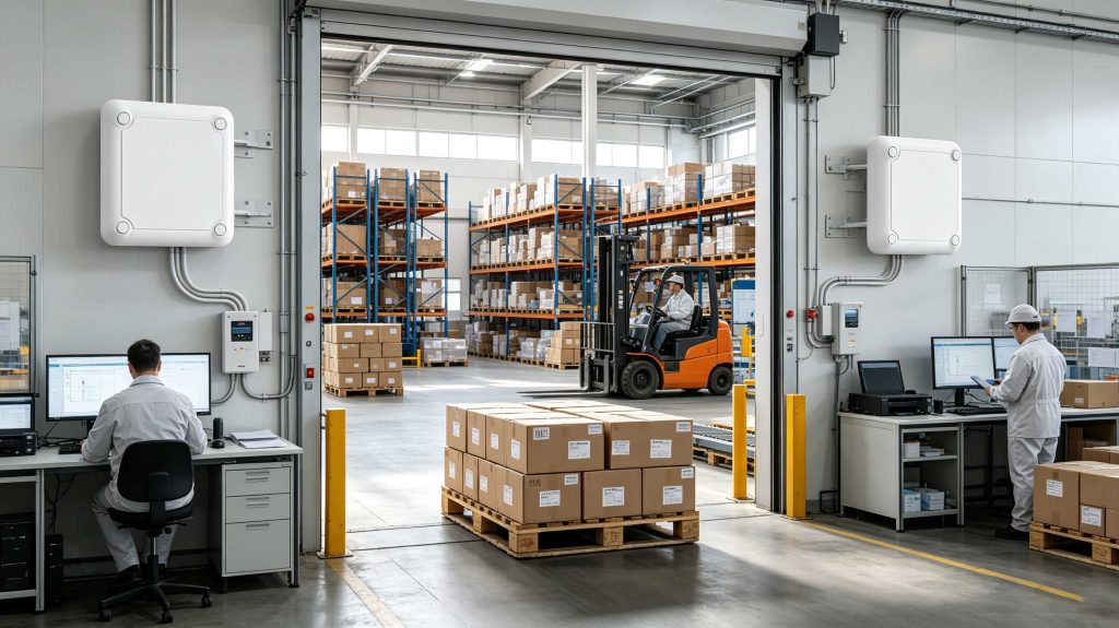 Fixed RFID reader scanning tagged products moving through warehouse entrance