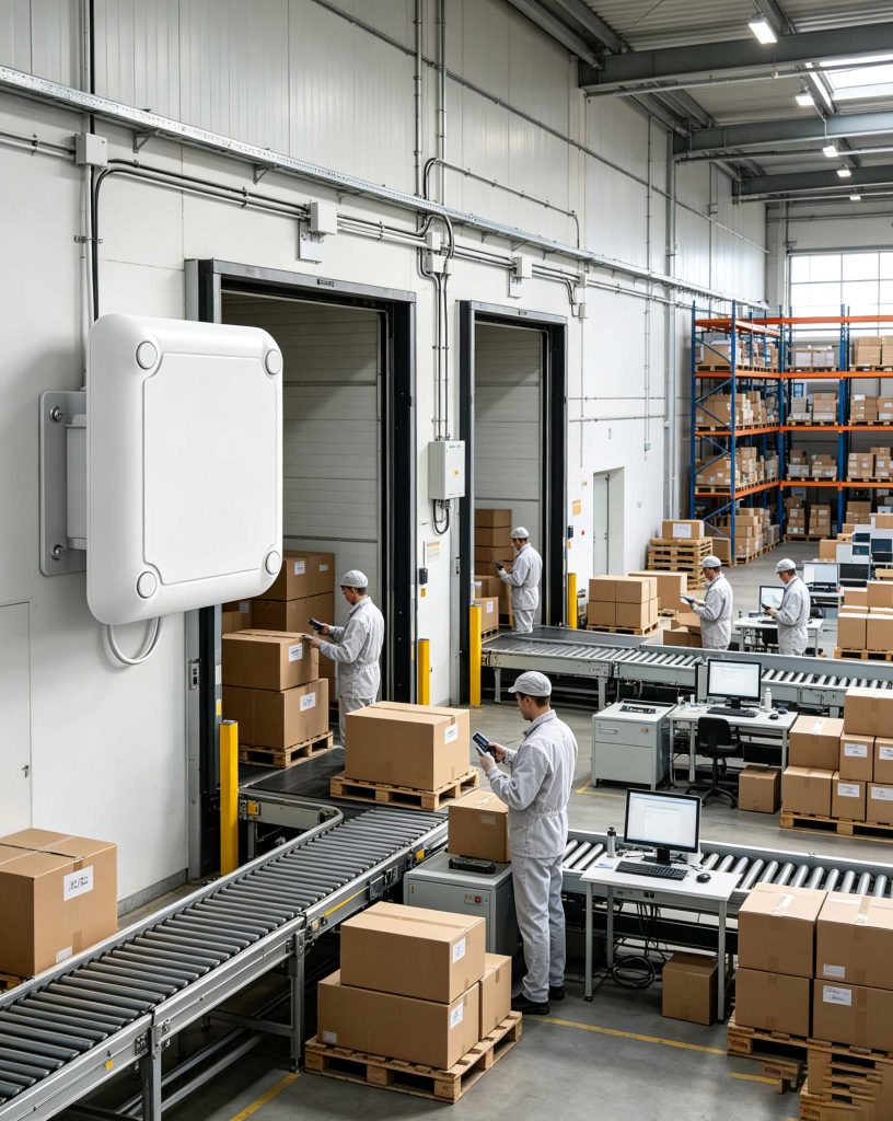 Warehouse worker scanning RFID tagged products using a fixed RFID reader system