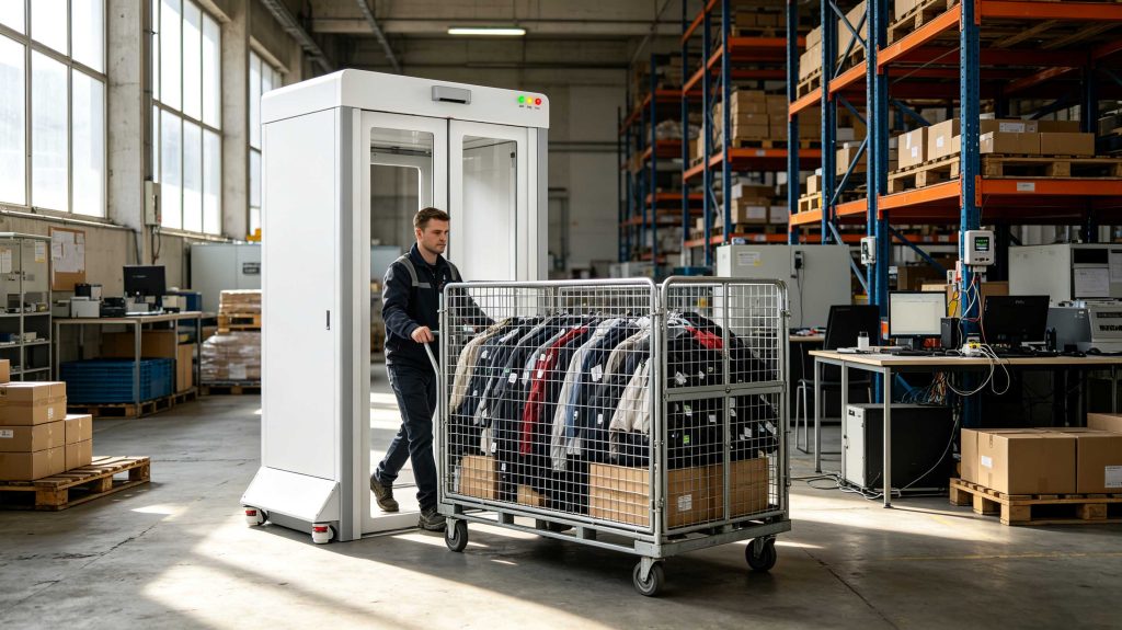 Warehouse operator moving an RFID-tagged trolley through a UHF inventory control channel
