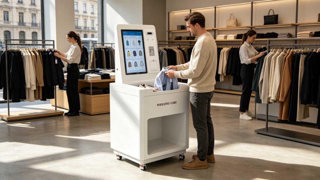 How Far Does RFID Transmit? Real-World RFID Read Range Explained 2 UHF RFID reader identifying multiple tagged garments at a European retail self-checkout station