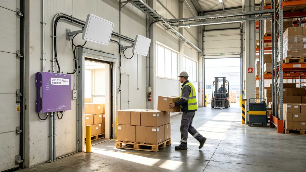 UHF RFID reader tracking tagged cartons at a European warehouse receiving dock