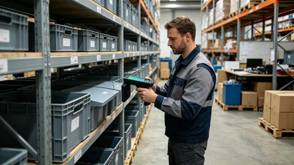 Technician verifying a newly replaced RFID sticker with a UHF RFID reader