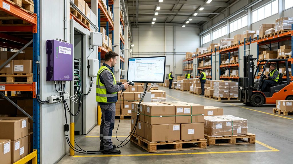 Engineer using an RFID reader to read tagged products in a European warehouse environment