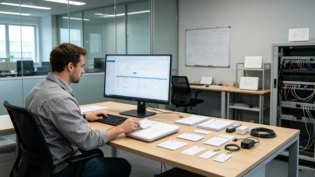 Engineer using a desktop RFID reader writer to program RFID tags in a modern European workspace