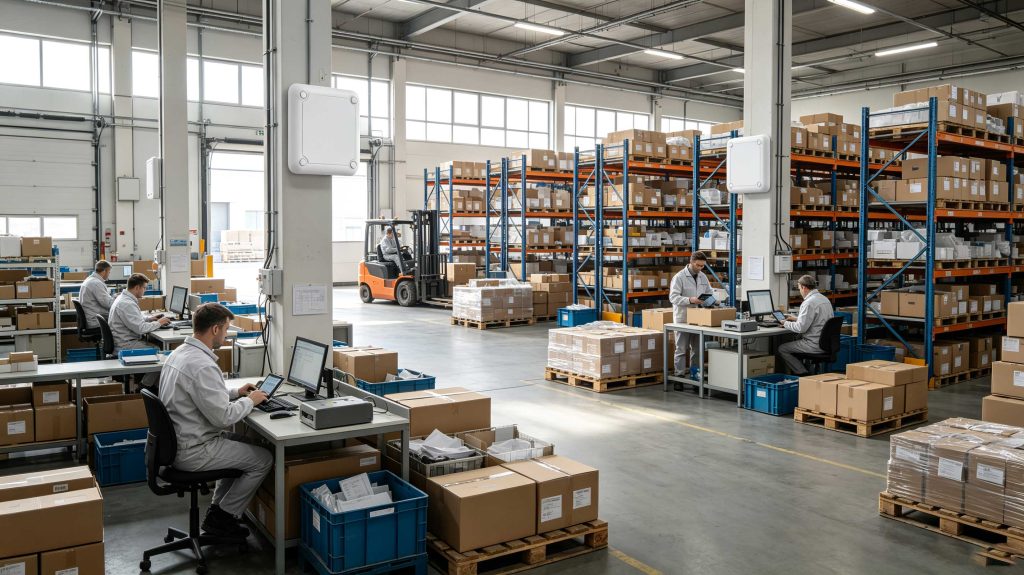 Warehouse employee using RFID inventory tracking system with RFID readers and tagged products