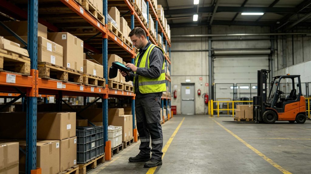 Warehouse worker using a handheld UHF RFID reader for inventory counting between storage racks