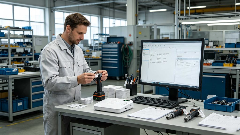 Technician rewriting RFID tags using desktop RFID reader writer in modern European manufacturing facility