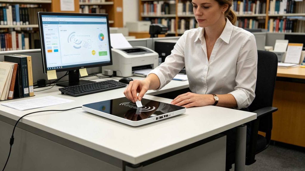 How to Encode RFID Tags: A Practical Guide to RFID Tag Writing 1 Operator encoding a UHF RFID tag using a desktop RFID reader in a European library