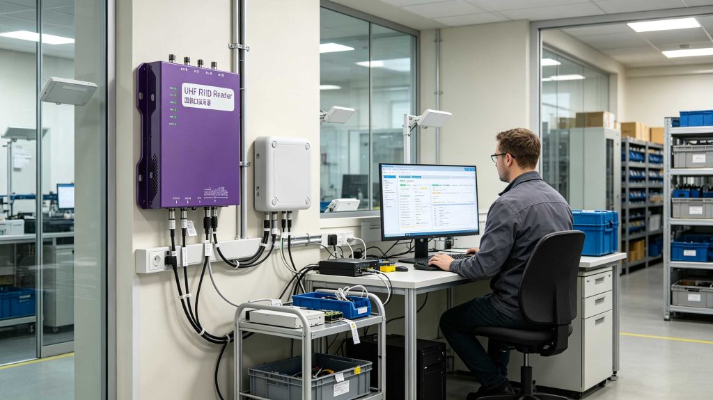 RFID readers scanning tagged assets with real-time tracking software in a European facility