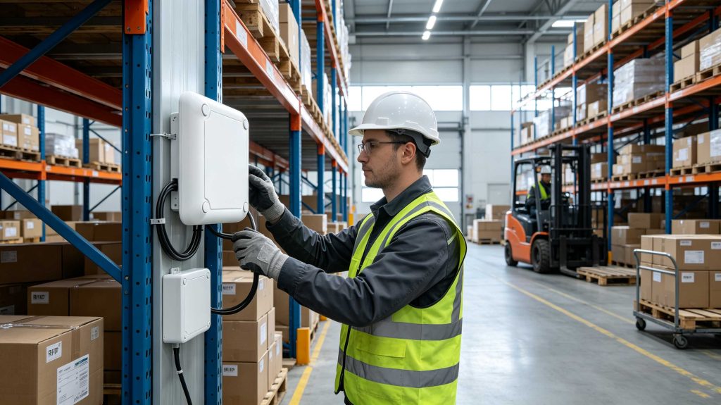 how to set up rfid 1 Technician installing a UHF RFID reader system in a modern European warehouse