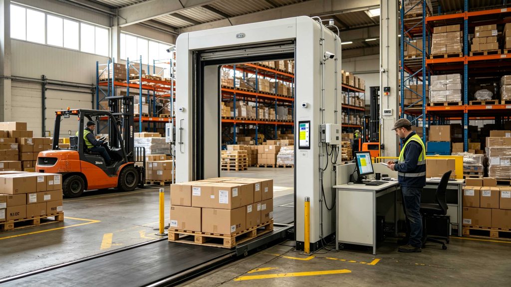 RFID tracking system identifying tagged pallets at a European warehouse loading dock
