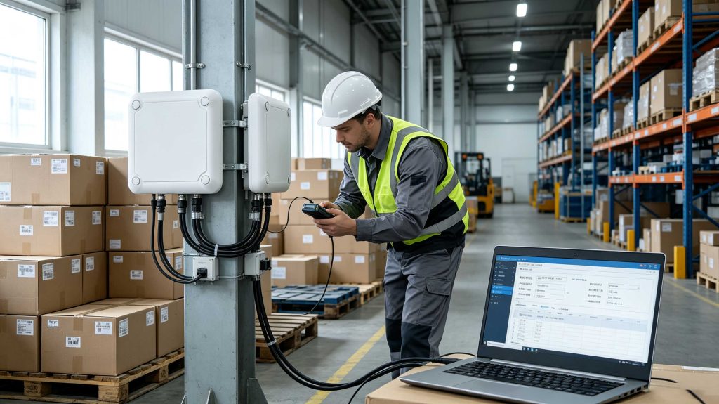 Technician installing a UHF RFID reader and antenna in a European warehouse