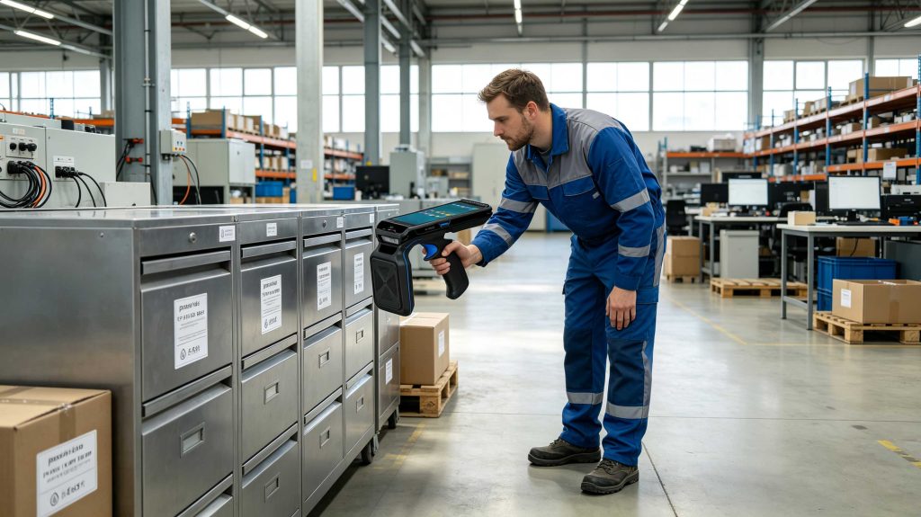 European technician testing a UHF RFID tag attached to an industrial asset